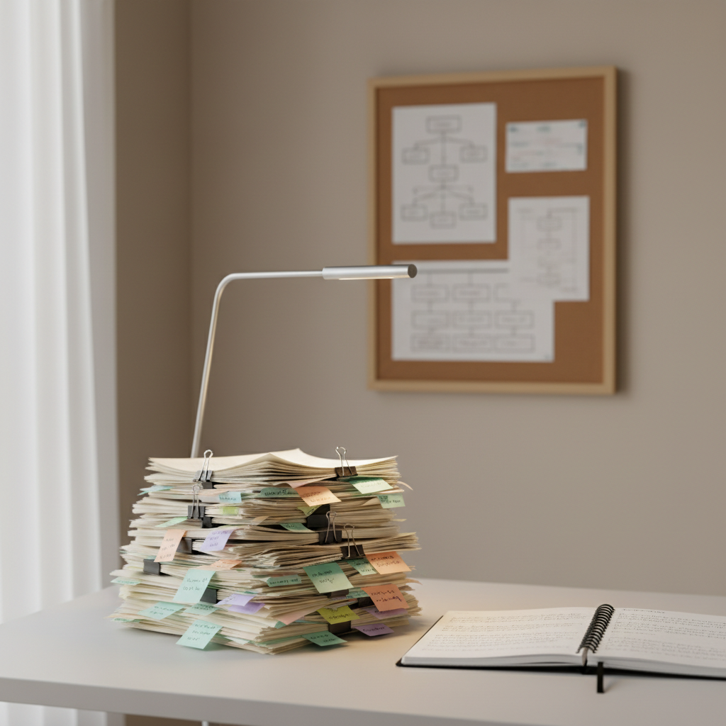 A neutral-toned study space featuring a carefully arranged pile of printed nursing research articles, each clipped and annotated with pastel sticky notes and color-coded tabs. A simple, matte-black notebook lies open with clean, precise handwriting outlining a literature review. A slim silver desk lamp casts soft, focused light across the papers, while indirect daylight from the side washes the background in a gentle glow. The backdrop is a smooth beige wall with a single minimalist cork board displaying structured flowcharts and timelines. Framed in a centered, eye-level composition with a shallow depth of field, the photographic realism and clean lines evoke concentration, methodical analysis, and accessible academic writing in nursing.