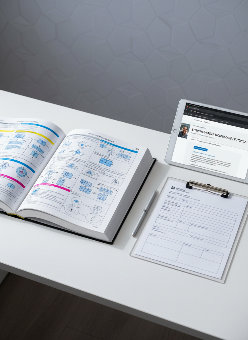 A bright, orderly clinical documentation desk with a large, flat medical textbook open to a page on nursing procedures, its crisp white pages filled with tidy diagrams and highlighted sections. A sleek tablet rests nearby, displaying a peer-reviewed nursing article in a clean interface. A silver pen aligns perfectly with a structured care plan form on a clipboard. The desk surface is matte white, set against a soft gray wall with a subtle geometric pattern. Cool, even overhead lighting and a hint of natural side light create minimal reflections and defined shadows. Captured from a slightly elevated angle using rule-of-thirds composition, the photographic, corporate aesthetic conveys clarity, rigor, and evidence-based nursing care.