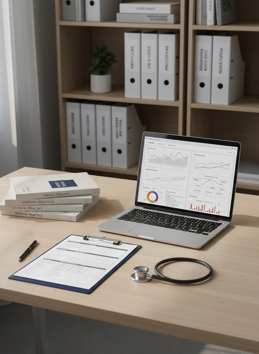A meticulously organized nursing workstation featuring an open silver laptop displaying a clean, modern medical dashboard with charts and evidence-based guidelines. Beside it, a stack of neatly arranged nursing journals with minimalist covers, a navy-blue clipboard with structured assessment forms, and a stethoscope coiled precisely on a light wood desk. The background shows neutral-toned shelving with clearly labeled binders for protocols and case studies. Soft, diffused daylight enters from an unseen window, producing gentle shadows and a calm, corporate atmosphere. Shot at eye level with balanced composition and sharp focus throughout, the photographic realism emphasizes clean lines, professional order, and the seriousness of scientific nursing practice.