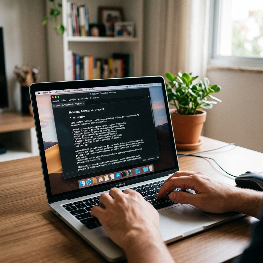 Person typing quarterly project report on laptop in home office